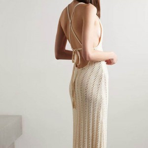 ニットウェアメーカーカスタムラウンドネックスリングホローバックレスセクシーな女性ニットドレス