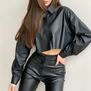 秋と冬のオートバイセクシーなマットPUレザーマイクロエラスティックロングスリーブショートシャツ
