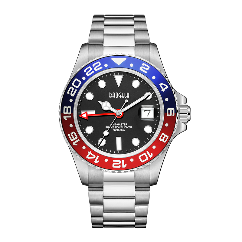 Baogela New Blue Red Water Ghost Watch Men \\ 'S Watch 50メートル防水ステンレス鋼ストラップSwissムーブメントRelogio Masculino 22807