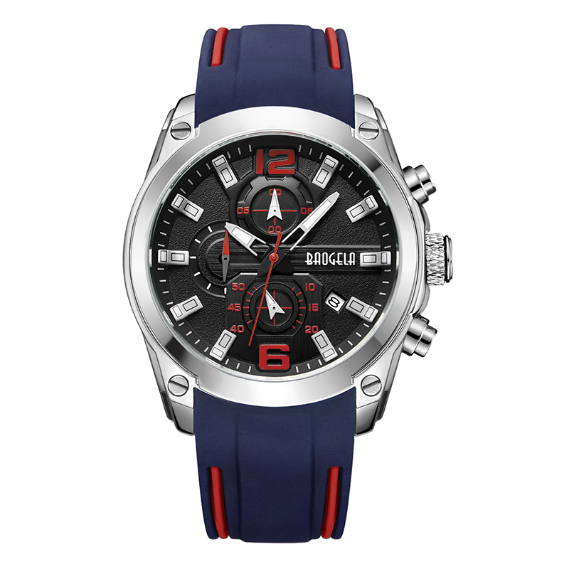Baogela Chronograph Analog Quartz Watch with Date Luminous Hands防水シリコンラバーストラップWristswatch for Man Blue 22609