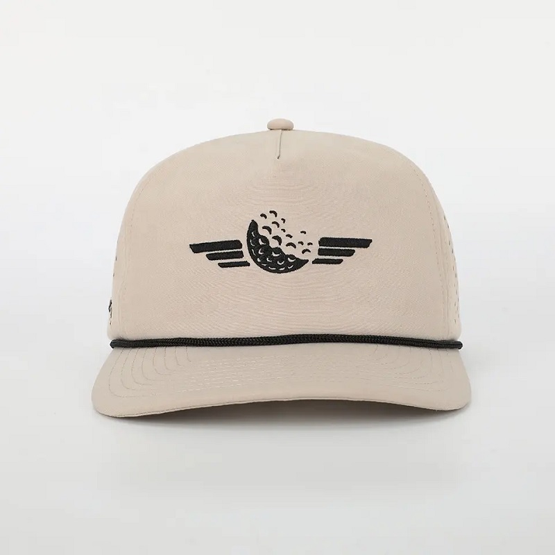卸売カスタム刺繍のロゴ5パネル父ハット高品質ポリエステルゴルフゴラ、レーザーカットホールスポーツロープブラック野球帽