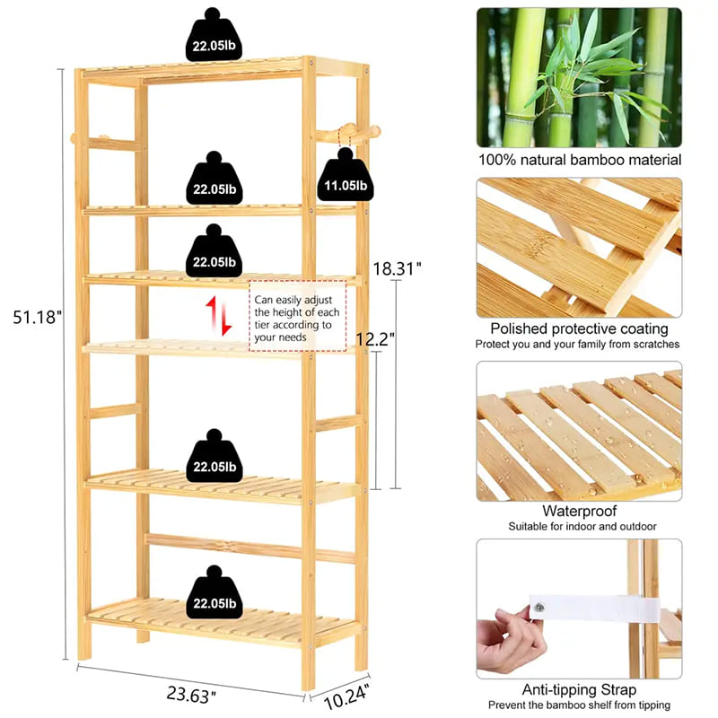 5階建ての調整可能な本棚高防水バスルームラック植物ラック竹の本棚