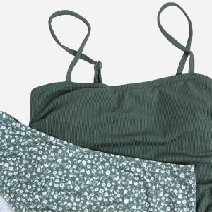 リブラックドローストリングトップ&ディッツフローラルハイウエストタンキニセット