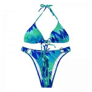 ホルターフープクロスストラップティールツーピース水着