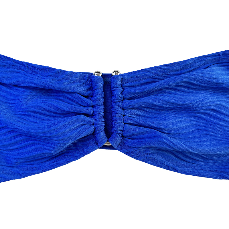 ブルーパターン特別な生地ストラップレス上部Uボタンスプリットスイムスーツ