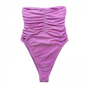 紫色のシルバーストラップレスストラップレスストラップレスプリーツワンピース水着