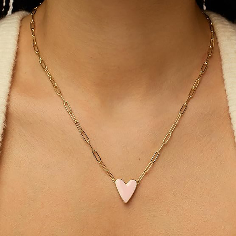 14K ゴールドメッキハートエナメルペンダントネックレス女性のための愛のペーパークリップチェーンネックレスブルーピンクパープルホワイトエナメルハートペンダント