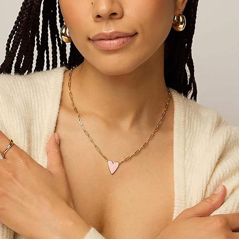 14K ゴールドメッキハートエナメルペンダントネックレス女性のための愛のペーパークリップチェーンネックレスブルーピンクパープルホワイトエナメルハートペンダント