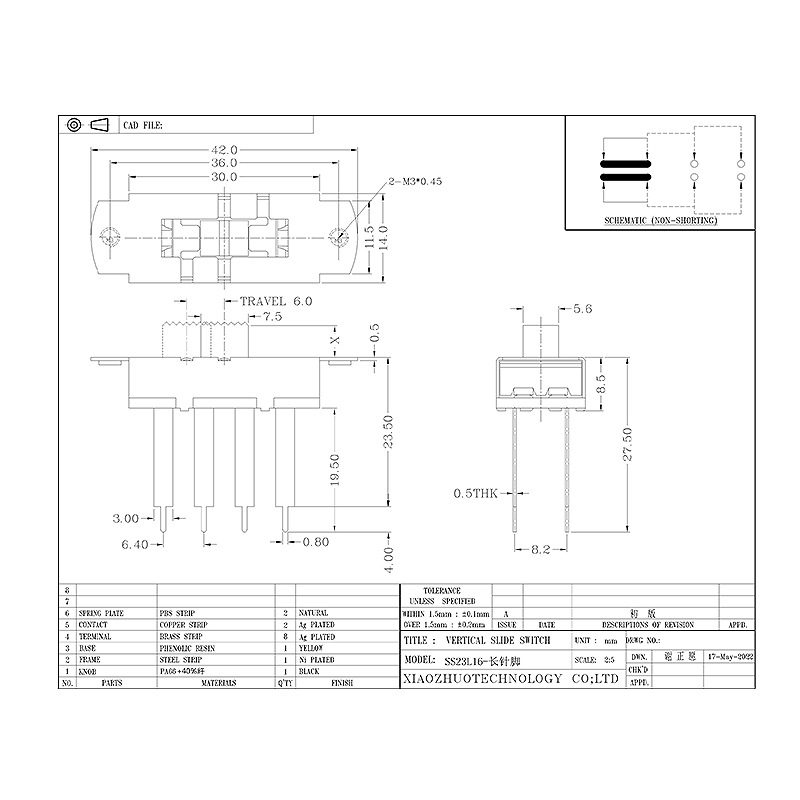 スライドスイッチSS23L16ロングピントグルスイッチ医療機器産業用具高電流スイッチ3-スライドスイッチを配置します
