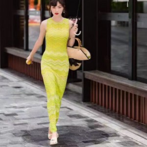 サマーニットラウンドネック長袖インターカラーカーディガン、v-ネックノースリーブロングニットストライプドレスセット