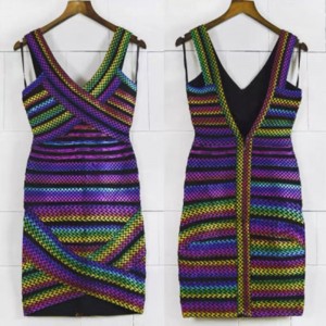 夏v-ネックカラフルなストライプラバーバンドスプライシングホルタータイトパッケージヒップドレス