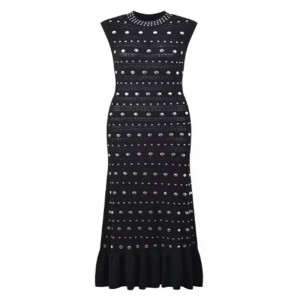 夏の襟のノースリーブの肩のフリル、メタリックニットドレス