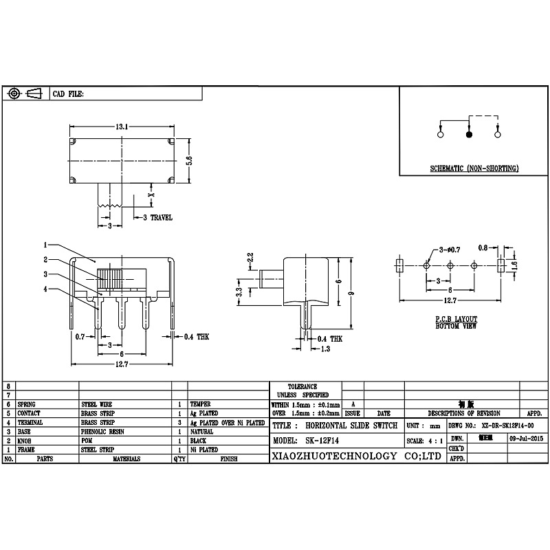 スライドスイッチSK12F14サイド-天井のランプ側、水平スイッチを引いてください-スライドスイッチをプル、シングル-行3-ピン垂直スライドスイッチ